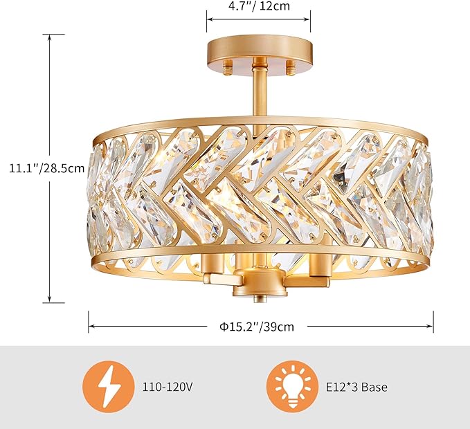AGV LIGHTING K9 Crystal Ceiling Light, Flushmount Ceiling Light Fixture for Living Room, Close to Ceiling Modern Design, 3-Lights, D15 x H11 in, Clear Crystal & Gold Finish Frame