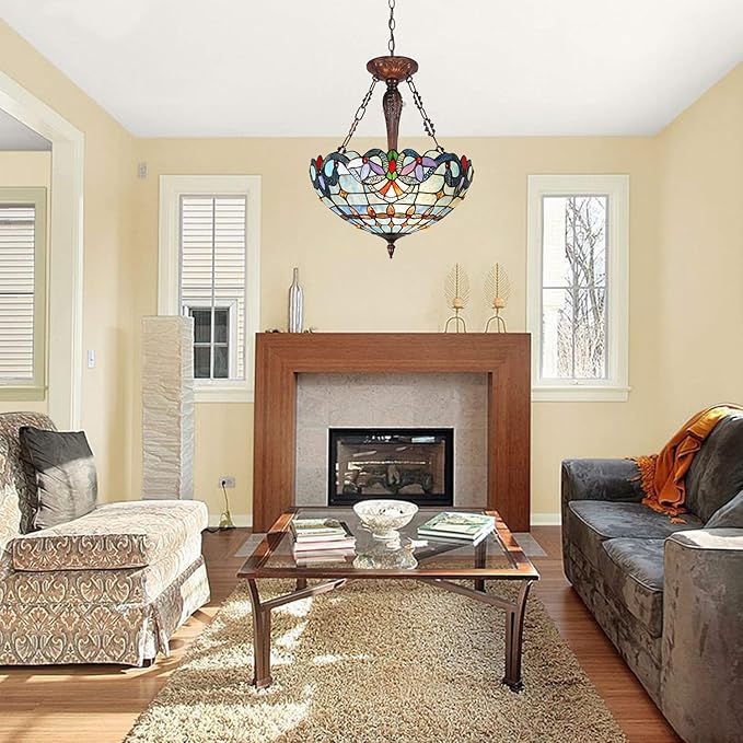 Capulina Tiffany Lamp Stained Glass Pendant Light Chandelier 3-Lights 18 Inches Wide Victorian Antique Hanging Lamp for Dining Living Room Bedroom Hallway Foyer Kitchen Island