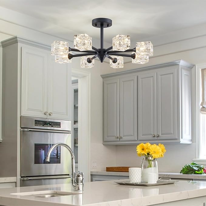 XINGQI 8 Lights Ceiling Light Fixture Farmhouse Semi Flush Mount Ceiling Light Industrial Black Glass Sputnik Chandelier for Bedroom Hallway Dining Room Powder Room