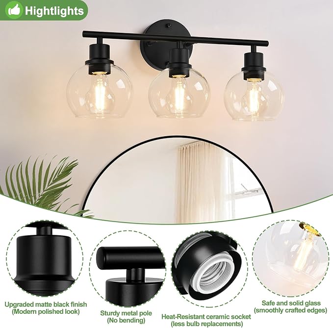 Indoi 3-Light Bathroom Light Fixtures, Black Bathroom Lights Over Mirror with Clear Glass Globe Shade, Vanity Lights for Bathroom Kitchen Living Room Hallway Cabinet Bedroom Porch.