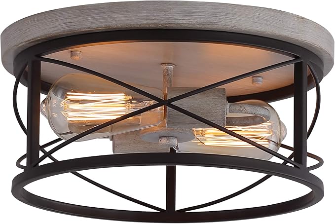 Q&S Flush Mount Ceiling Light Fixture Farmhouse Rustic Oak White and ORB Lighting for Hallway Entryway Kitchen Dining Room Bedroom Garage Gazebo Locker 2 Lights UL Listed