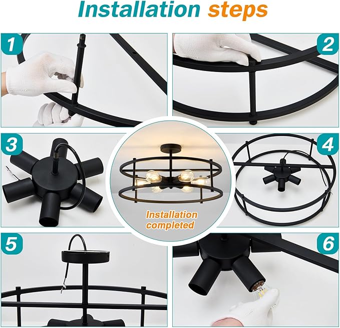 hesoge Large Semi Flush Mount Ceiling Light Fixture Black Cage Ceiling Light 6 Light Chandelier for Kitchen Dining Room Entryway Living Room Bedroom Foyer