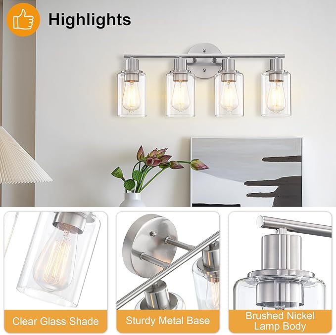 Pia Ricco Bathroom Vanity Light Fixtures, 4-Light Bathroom Wall Lights with Clear Glass Shades, Modern Wall Sconce Over Mirror, Bath Wall Sconces for Mirror Living Room Bedroom Hallway