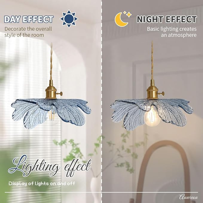 2 Pack Pendant Lights for Kitchen Island Mid Century Modern Hanging Light with Blue Glass Flower Shade, Adjustable Farmhouse Pendant Lighting for Dining Room Bedroom, Vintage Brass Base