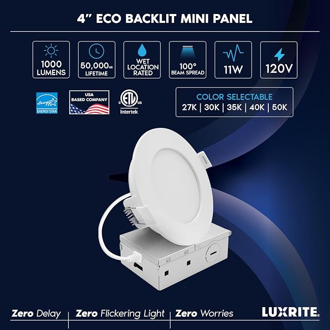 LUXRITE 4 Inch LED Recessed Light, ECO Backlit Mini Panel Spotlight, 5CCT 2700K-5000K, 1000 Lumens, High Output, 11 Watts, Dimmable, IC Rated, Wet Rated, ETL Listed, Energy Star, Round (6 Pack)