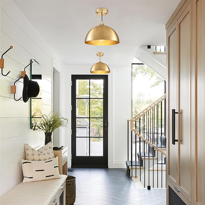 Gold Pendant Light 2 Pack, 11.8" Modern Pendant Lights Kitchen Island Adjustable Height, Farmhouse Dome Hanging Light for Dining Room Bar