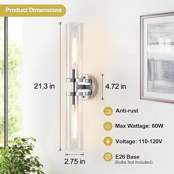 Indoi Wall Sconces Set of Two, Hardwired Chrome Bathroom Sconces Wall Lighting with Clear Glass, Modern Sconces Wall Decor Set of 2 Bathroom Light fixtures for Mirror Living Room Hallway Bedroom