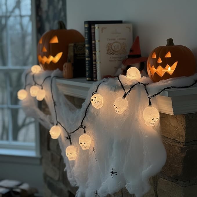 Halloween Skull String Lights - 8.5Ft Skeleton Decoration Halloween String Lights with 10 LED Mini Bulbs, Waterproof Skeleton Shape Lights for Indoor Outdoor Halloween Party Decor, Black Wire