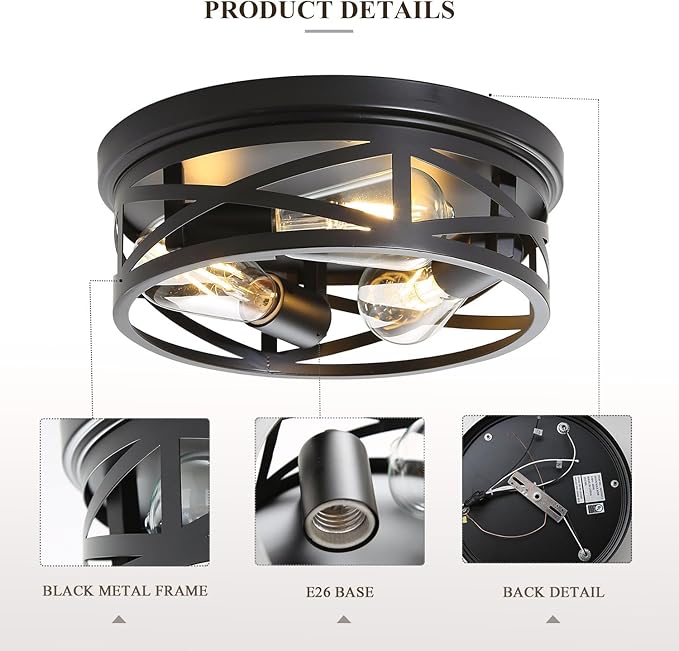 EMONG Farmhouse 3-Light Black Flush Mount Ceiling Light, Vintage Industrial Closed to Ceiling Mount Lamp,Metal cage Light Fixture for Entryway Hallway Kitchen Bedroom