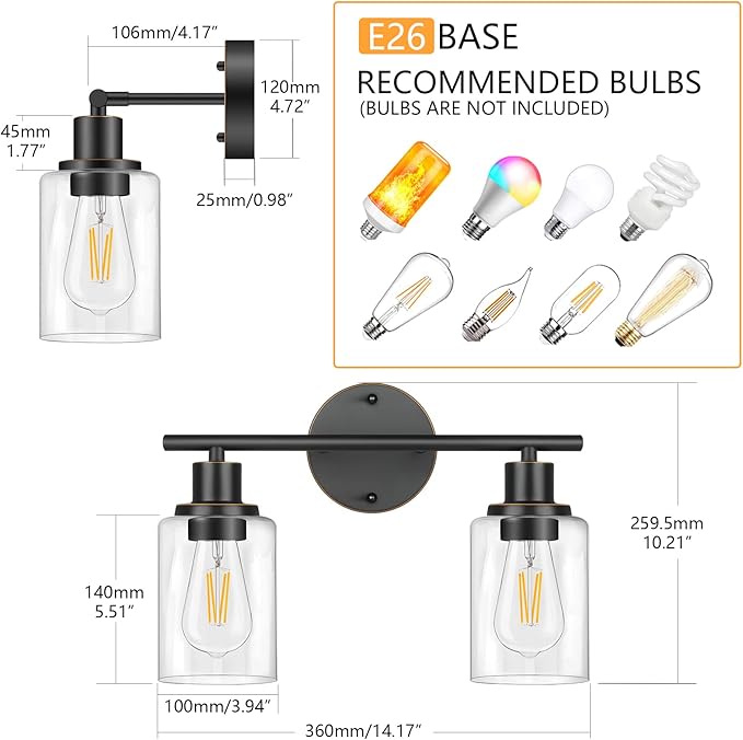FOLKSMATE Bathroom Light Fixtures, 2-Light Oil Rubbed Bronze Vanity Light, Vintage Wall Sconces Lighting, Modern Bath Wall Mounted Lighting with Glass Shade, Porch Lamp for Mirror, Living Room