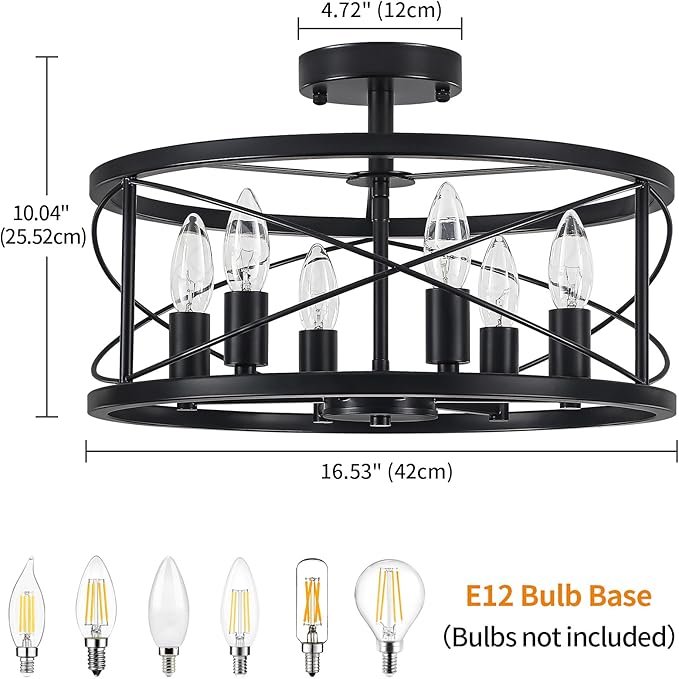 TOULMJ 6-Light Black Semi Flush Mount Ceiling Light, 16.53'' Modern Entryway Light Fixtures, Farmhouse Light Fixtures Flush Mount Chandelier for Kitchen Island Laundry Hallway Dining Room