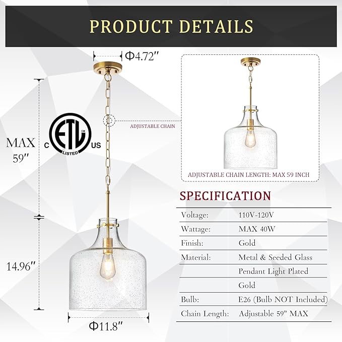 CATINER 12" Gold Glass Pendant Light, Seeded Bubble Shade Modern Farmhouse Hanging Light for Kitchen Island, Dining Room, E26 Dimmable Ceiling Fixture