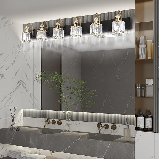 Ralbay Crystal Vanity Lights 6-Lights Modern Crystal Bathroom Vanity Lights Over Long Mirror Modern Black Gold Bathroom Vanity Lighting Fixtures