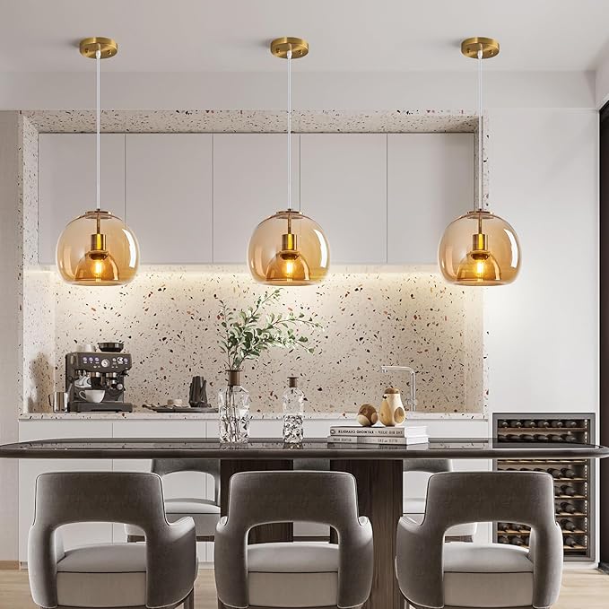 Amber Glass Pendant Lights Kitchen Island Gold Hanging Light Fixture Glass Globe Pendant Light Modern Pendant Lighting for Dining Room Bedroom Kitchen Island (9.84", 1 Pack)