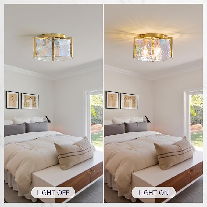 Brushed Gold Semi Flush Mount Ceiling Light Fixture, 14.1'' Modern Drum Glass Hallway Ceiling Light Fixtures, Mid Century Kitchen Lights for Entryway Foyer Dining Room Table Bathroom Bedroom Laundry