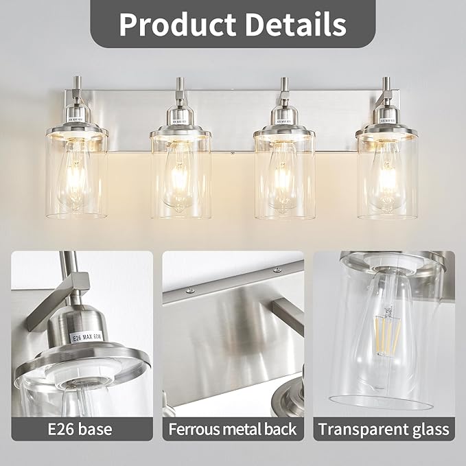 Lanhall 4-Light Brushed Nickel Bathroom Light Fixture Over Mirror Modern Bathroom Vanity Light Vintage Wall Lighting with Clear Glass Shade for Bathroom, Bedroom, Hallway, Cabinet