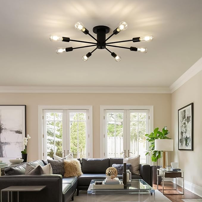 8-Lights Semi Flush Mount Ceiling Light, Matte Black Close to Ceiling Lighting with E26 Base, Modern Sputnik Light Fixtures for Living Room Bedroom Kitchen Dining Room