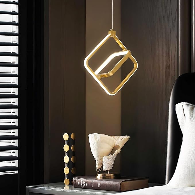 Modern LED Chandelier Gold Rectangular Pendant Light Fixtures 4000K 20W Dimmable Height Adjustable Pendant Lighting for Dining Room Kitchen Island Bedroom Living Room Foyer（1-Pack）