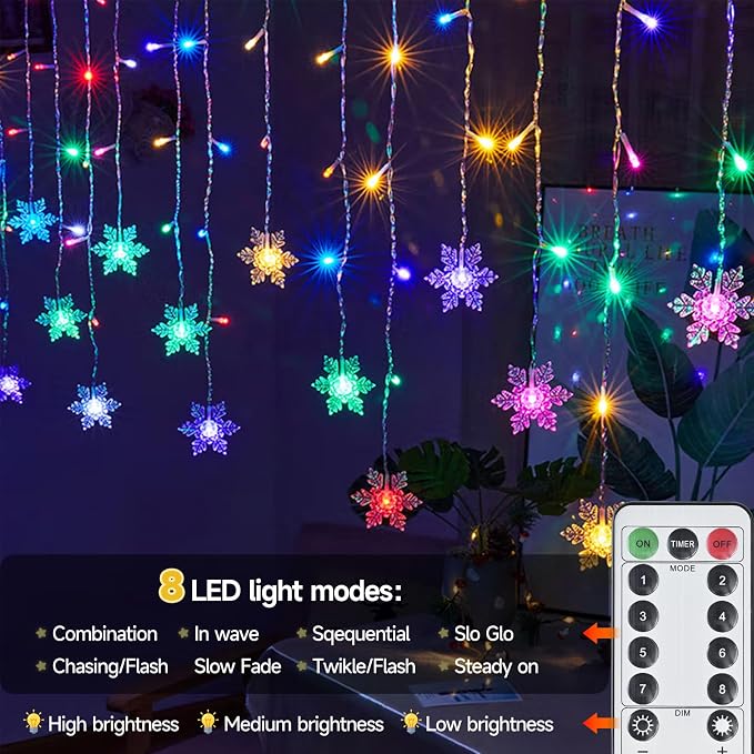 Snowflake Curtain Lights, 108 LED 13FT Multicolor Fairy Lights with Snowflake Pendants, USB Powered Remote, 8 Modes, Linkable x5, IPX4 Waterproof for Christmas, Party & Winter Decor