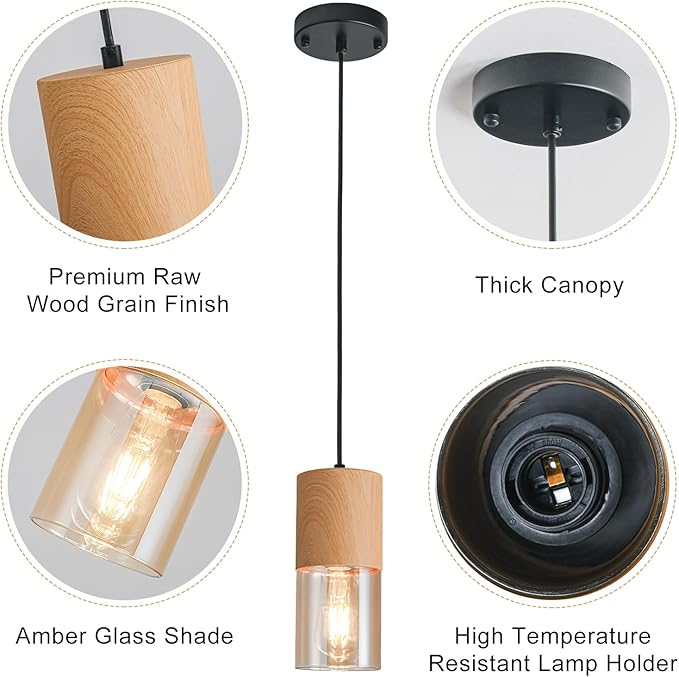 2-Pack Gold Pendant Lights for Kitchen Island, Adjustable Modern Pendant Light Fixtures with Raw Wood Grain, Industrial Amber Glass Pendant Lights for Dining Table Hallway Bedroom Living Room