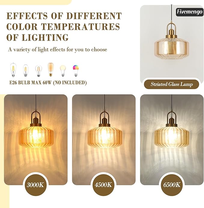 11.8in Mid Century Modern Amber Glass Pendant Light Fixture, Large Gold Kitchen Island Pendants Light Glass Ceiling Hanging Lamp for Foyer Dining Room Bedroom Entryway Hallway Over Sink