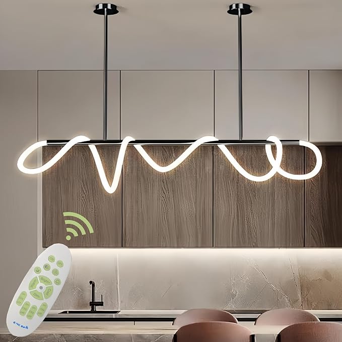 47" Pendant Lights Kitchen Island, 21W LED Dimmable Chandelier with Remote Control, Aluminum Linear Hanging Light Fixture for Dining Room Kitchen Island Bar (Black, 47 in)