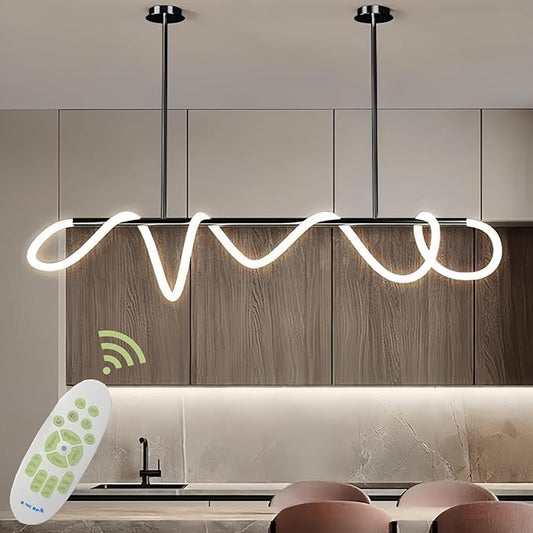 47" Pendant Lights Kitchen Island, 21W LED Dimmable Chandelier with Remote Control, Aluminum Linear Hanging Light Fixture for Dining Room Kitchen Island Bar (Black, 47 in)