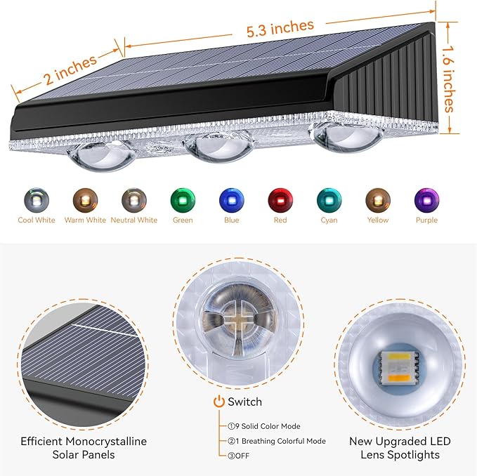 Solar Fence Lights Outdoor 4 Pack, Upgraded Brightness 3X LED Lens Fence Lights Solar Powered, 9 Fixed Colors & RGB Lights, IP65 Waterproof Solar Lights for Outside Backyard/Railing/Step/Patio