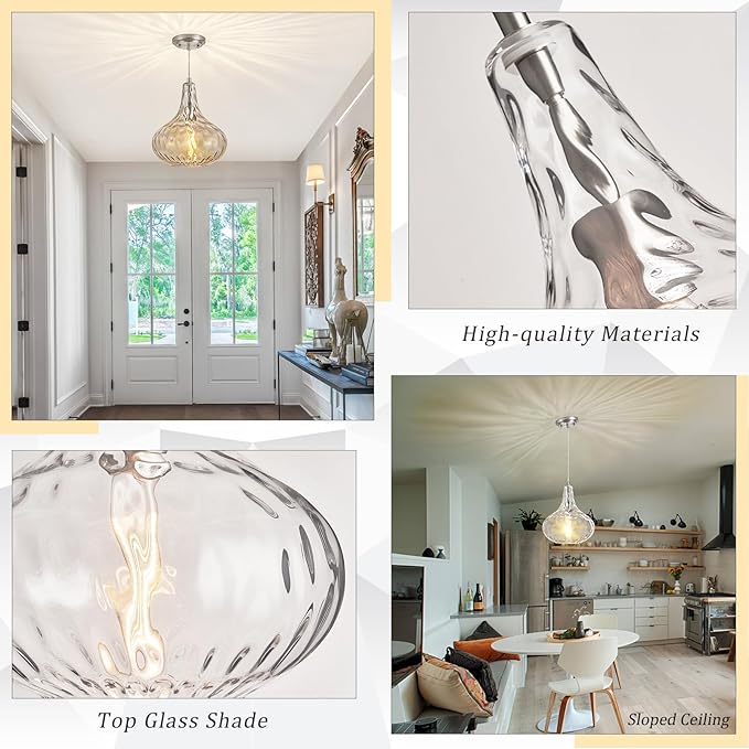 CATINER Glass Pendant Light Brushed Nickel 11-inch Hammered Pendant Lighting for Kitchen Island, Kitchen Sink, Hallway, Living Room