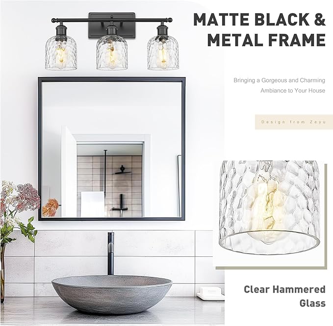 zeyu Bathroom Black Vanity Light, 21'' Black Bathroom Light Fixture 3 Light, Modern Vanity Lamp with Clear Hammered Glass, ZJF63B-3W BK
