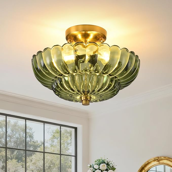 Semi Flush Mount Ceiling Light, 11.8 Inch Gold Vintage Hallway Light Fixture with Green Glass, Close to Ceiling Light for Bedroom Kitchen Living Room Bathroom Foyer, E26 Base