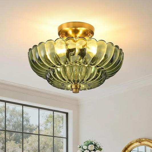 Semi Flush Mount Ceiling Light, 11.8 Inch Gold Vintage Hallway Light Fixture with Green Glass, Close to Ceiling Light for Bedroom Kitchen Living Room Bathroom Foyer, E26 Base