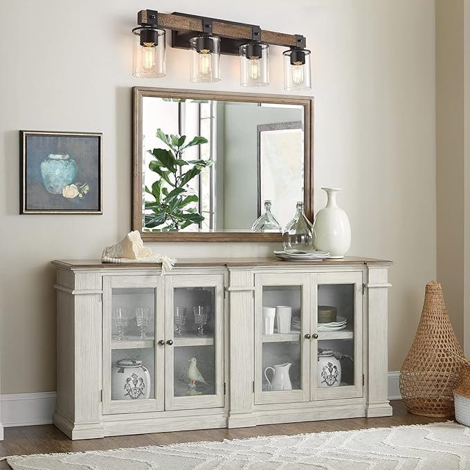 DUJAHMLAND Farmhouse Vanity Light Fixture, Industrial 4-Light Wood Wall Sconce Bathroom Vanity Lighting with Clear Glass Lights Shade,for Hallway,Kitchen,Bedroom(Antique Wood, 4-Light)