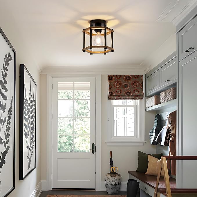 Dijiahua 1-Light Rustic Farmhouse Wood Flush Mount Ceiling Light Fixture, Small Black Semi Flush Mount Ceiling Lighting with Oak Wooden and Hexagonal Cage for Hallway Entryway Bedroom Kitchen