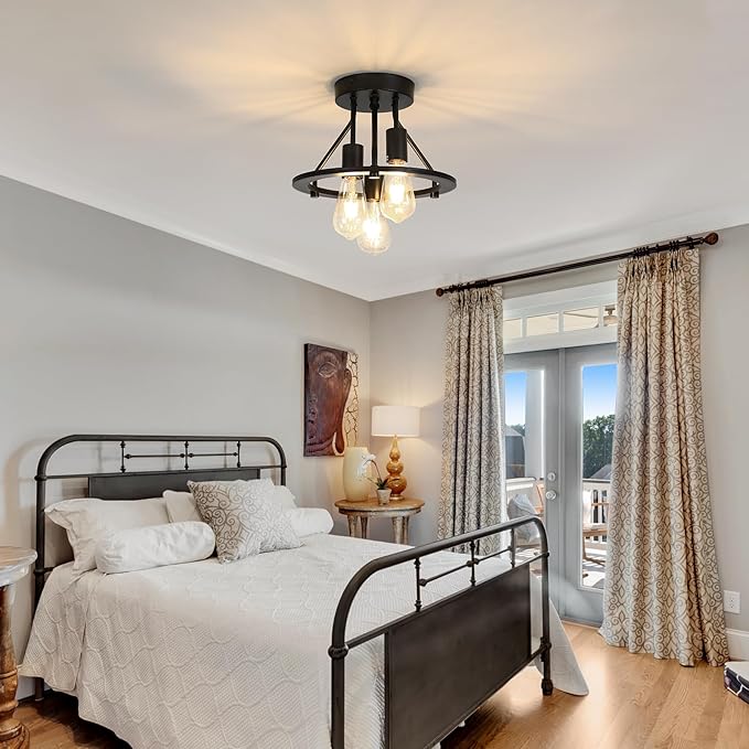 Semi Flush Mount Ceiling Light Fixture 3-Light Matte Black Ceiling Light E26 Edison Farmhouse Industrial Small Chandelier for Entryway Hallway Bedroom Kitchen Foyer Passway Balcony
