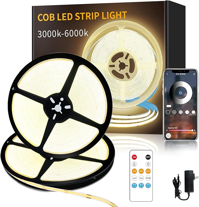 100FT COB LED Strip Lights 3000K Warm White Dimmable DC 24V Flexible LED Tape Light for Bedroom, with Remote and app Control LED Light Strip,for DIY Home Decoration(2 Rolls of 50ft)