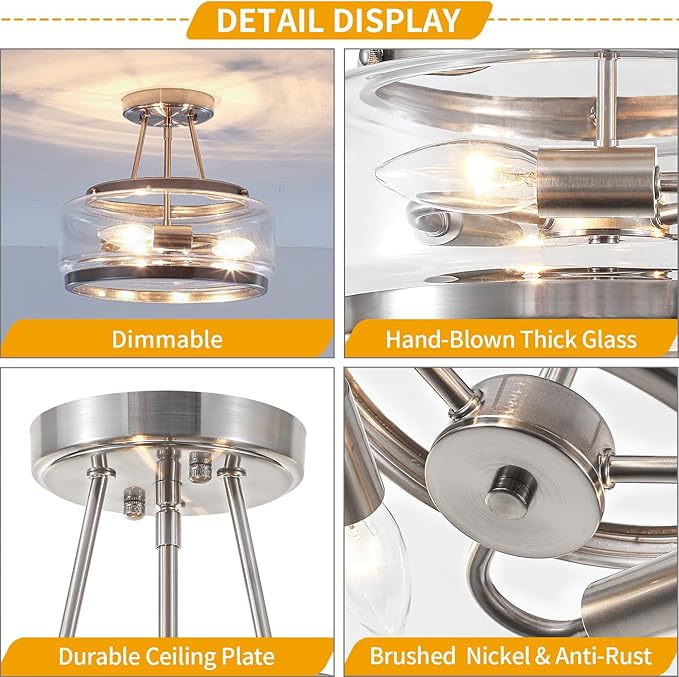 Brushed Nickel Modern Glass Ceiling Light, 3-Light Drum Semi Flush Mount Ceiling Light , Entryway Light Fixture, 11.81" Ceiling Lamp for Hallway Bedroom Laundry Room Dining Room Kitchen Light Fixtures