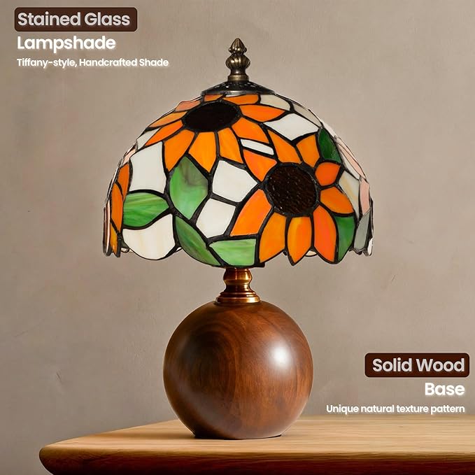 12.2" Handcrafted Sunflower Tiffany Lamp, Solid Wood Sphere Base, Stepless Dimmable Bedside Lamp for Reading Nook, Library & Mid-Century Decor, Aesthetic Antique Art Gifts, G45 LED Bulb Included