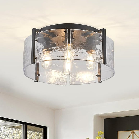 17.3“ Semi Flush Mount Ceiling Light Fixture, Black 4-Light Modern Water Ripple Chandelier Glass Light Fixture for Entryway Hallway Kitchen Island Dining Room Foyer Bedroom Laundry Hallway