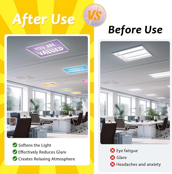 6 Pcs Fluorescent Light Covers with 60 Magnets Decorative for Classroom Ceiling Light 4 x 2 Feet Magnetic Lights Covers Filter Easy Install for Office Hospitals & Home Drop Ceiling Supplies (Positive)