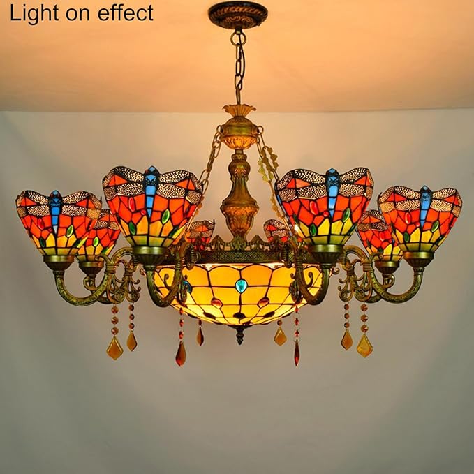 Tiffany-Style Victorian 6-Light Parrot Chandelier, European Red Dragonfly Stained Glass Multi-Head Pendant Lamp Fixture Ceiling Hang Light for Living Room Villa Dining Room,Dragonfly