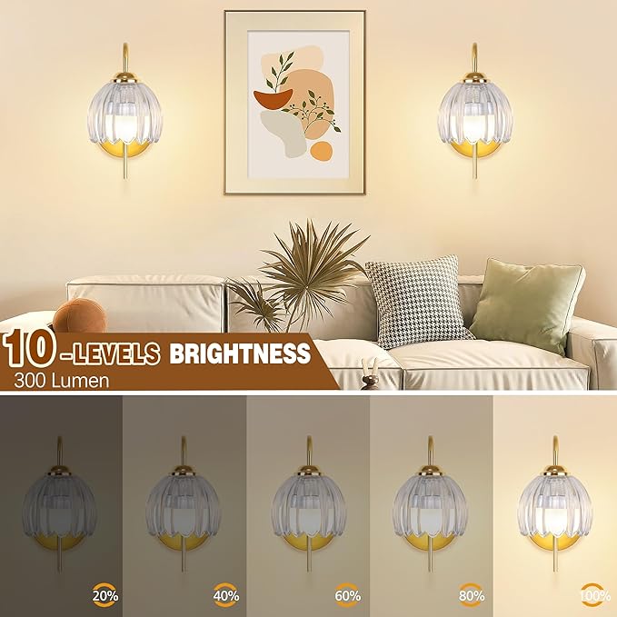 Wireless Wall Sconce with Flower lampshade, Battery Operated Wall Lights,Wall lamp with 15 Colors for Bedroom Living Room Home Decor (Clear-Tulip, 2 Light Battery Operated)