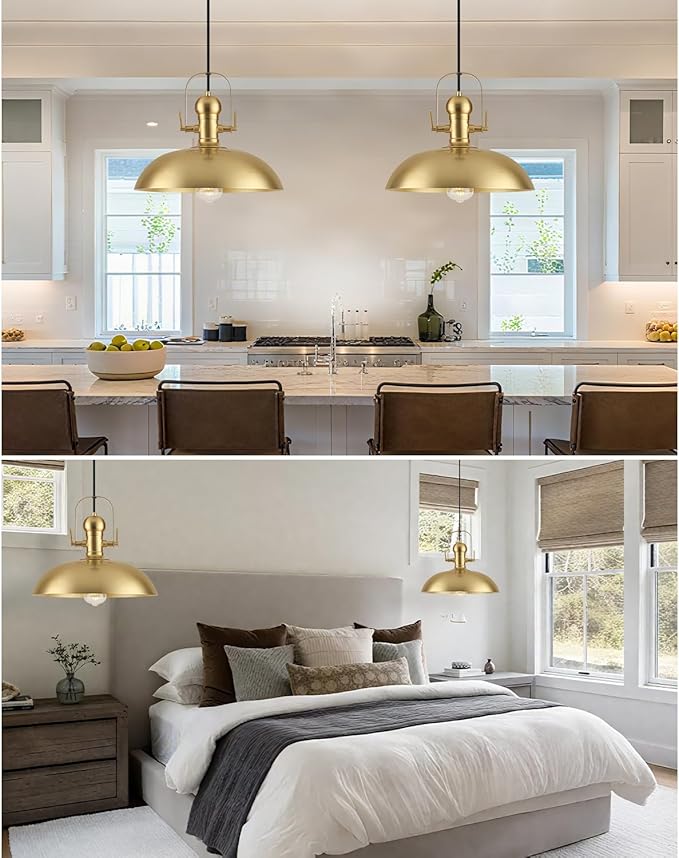 Gold Pendant Lights Kitchen Island 2 Packs, Gold Dome Pendant Light 13.8 Inch, Industrial Farmhouse Pendant Light, Island Pendant Lights for Kitchen Barn Hallway Porch Dining Room