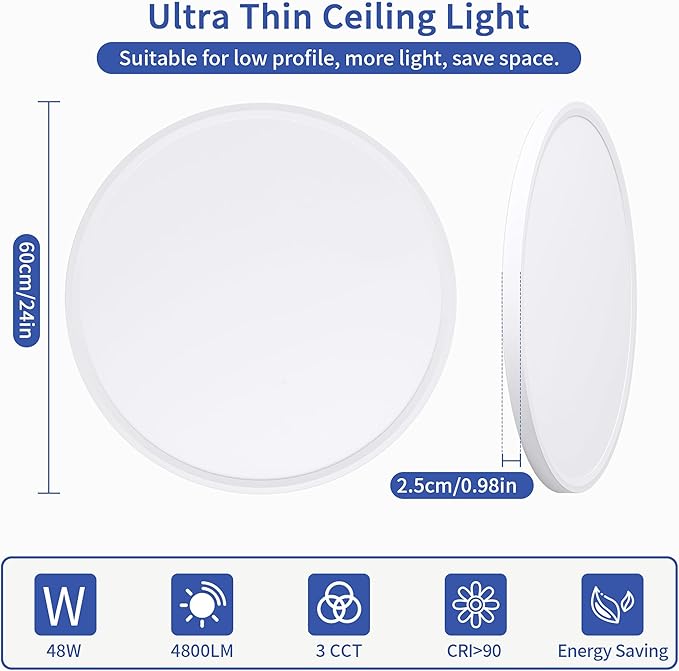 24 inch Led Ceiling Light Fixtures, 48W Ultra Thin Dimmable Flush Mount, 3000K/4000K/6500K Selectable, Round White Ceiling Lamp for Bedroom Kitchen Living Room Dining Room,White