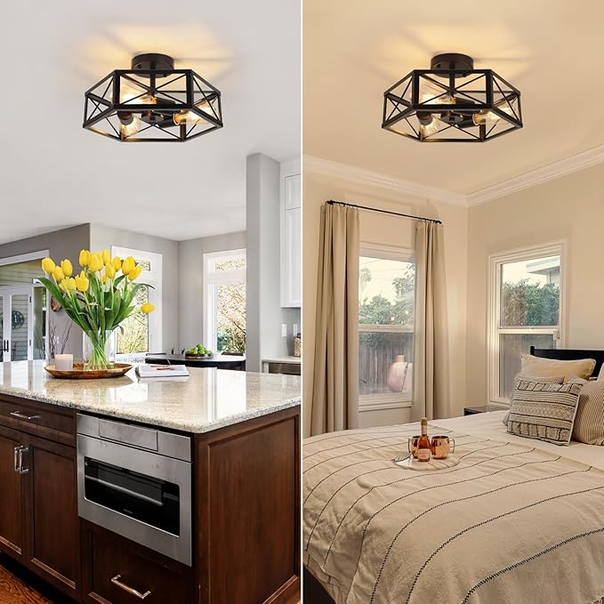 WILON Black Flush Mount Ceiling Light for Kitchen Hallway - 3-Light Industrial Close to Ceiling Lighting Farmhouse Metal Cage Light Fixtures Ceiling Mount for Foyer Kitchen Living Room(E26 Socket)