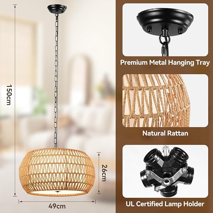 5-Light Farmhouse Rattan Chandelier with Fabric Shade, 19" Large Woven Wicker Pendant Light for Dining Room, Bedroom & Living Room, Hand Woven Wicker Fixture (No Bulbs)