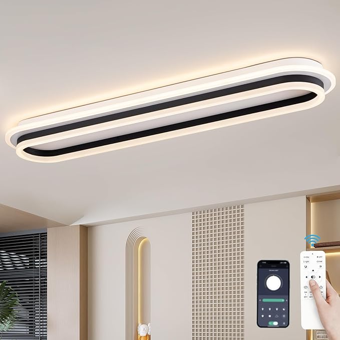 Modern Linear Ceiling Light, 31.5Inch Dimmable LED Flush Mount Ceiling Lamp with Remote Control, Long Kitchen Ceiling Light Fixture for Living Room Dining Room Bedroom Hallway (Black)