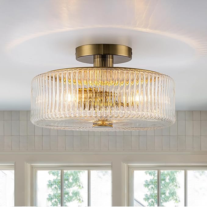 Mid-Century Modern Gold Semi Flush Mount Ceiling Light,3-Light Kitchen Ceiling Light Fixture with Clear Striped Glass Shades,for Bedroom,Hallway,Entryway (13.9 inch)