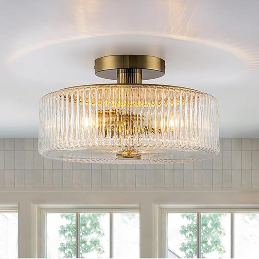 Mid-Century Modern Gold Semi Flush Mount Ceiling Light,3-Light Kitchen Ceiling Light Fixture with Clear Striped Glass Shades,for Bedroom,Hallway,Entryway (13.9 inch)