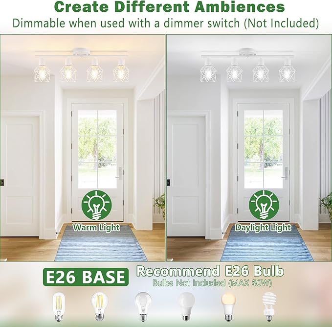 4-Lights Kitchen Light Fixtures Ceiling Mount, Adjustable Multi-Directional White Flush Mount Ceiling Light Fixture with Metal Cage, Modern Spot Ceiling Lamp for Hallway, Dining Room, Bedroom